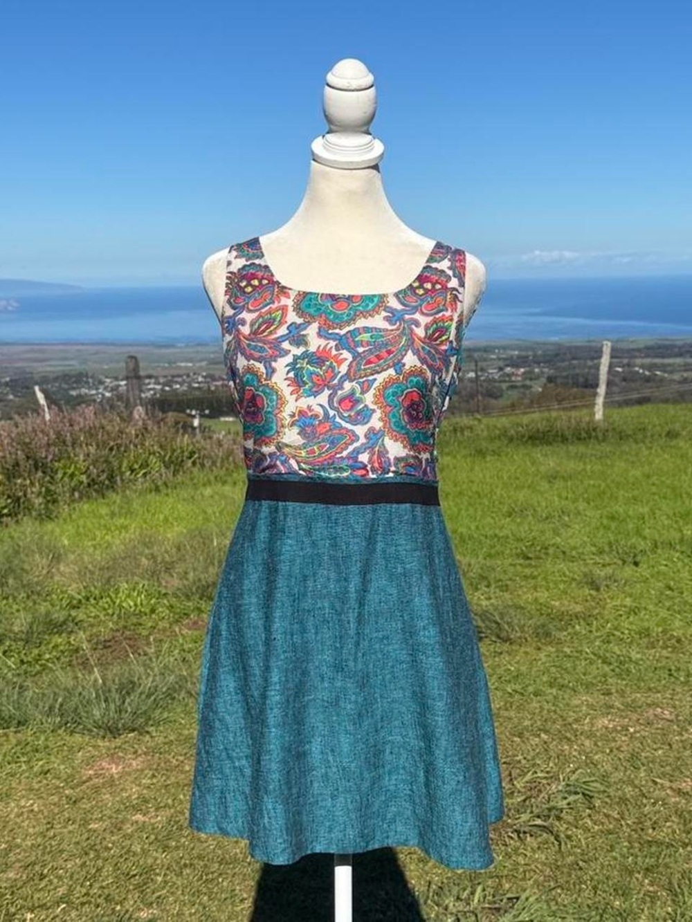 Rachel Roy Retro Paisley tweed Cut out Green Linen blend Fit Flair Mini Dress